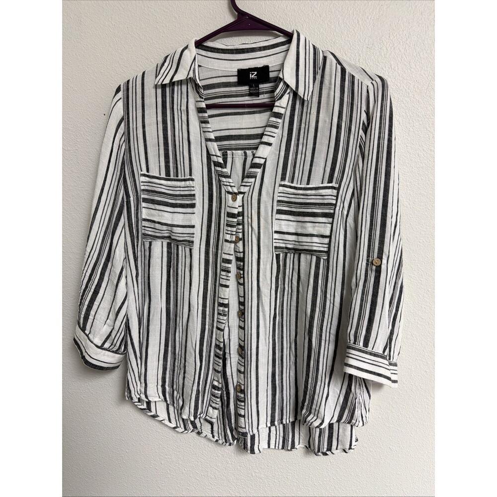 Women's IZ Byer Button Up Blouse Large Black And White